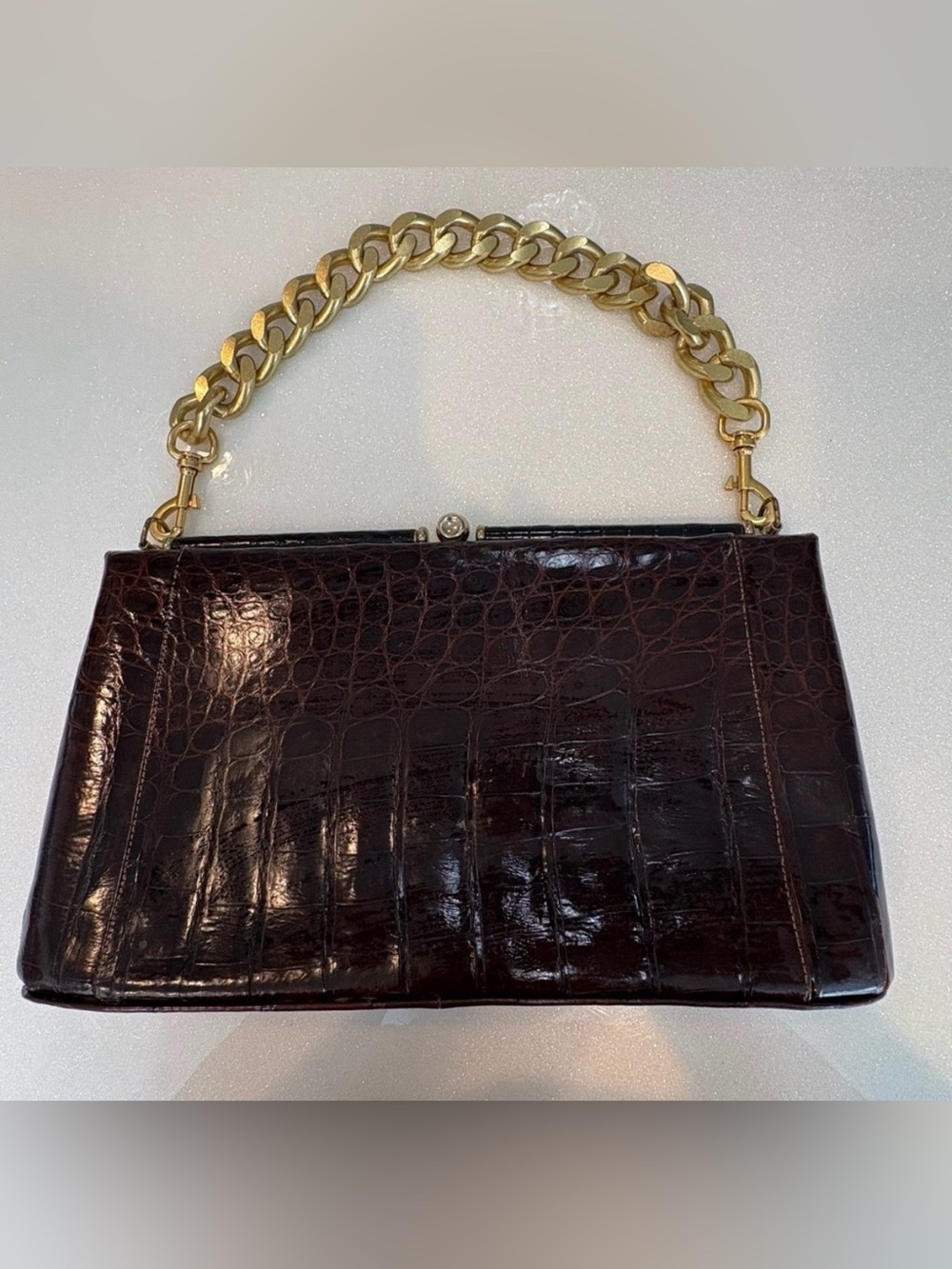 Vintage Leon of CA Chocolate Brown Crocodile Pattern Shoulder Bag Gold Chain
